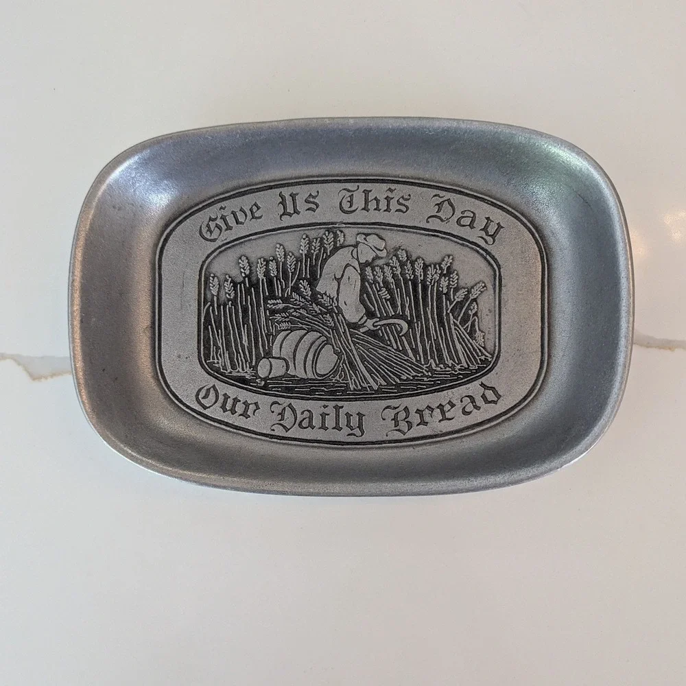 Vtg Wilton Armetale Serving Tray Small Give Us This Day Our Daily Bread Rustic